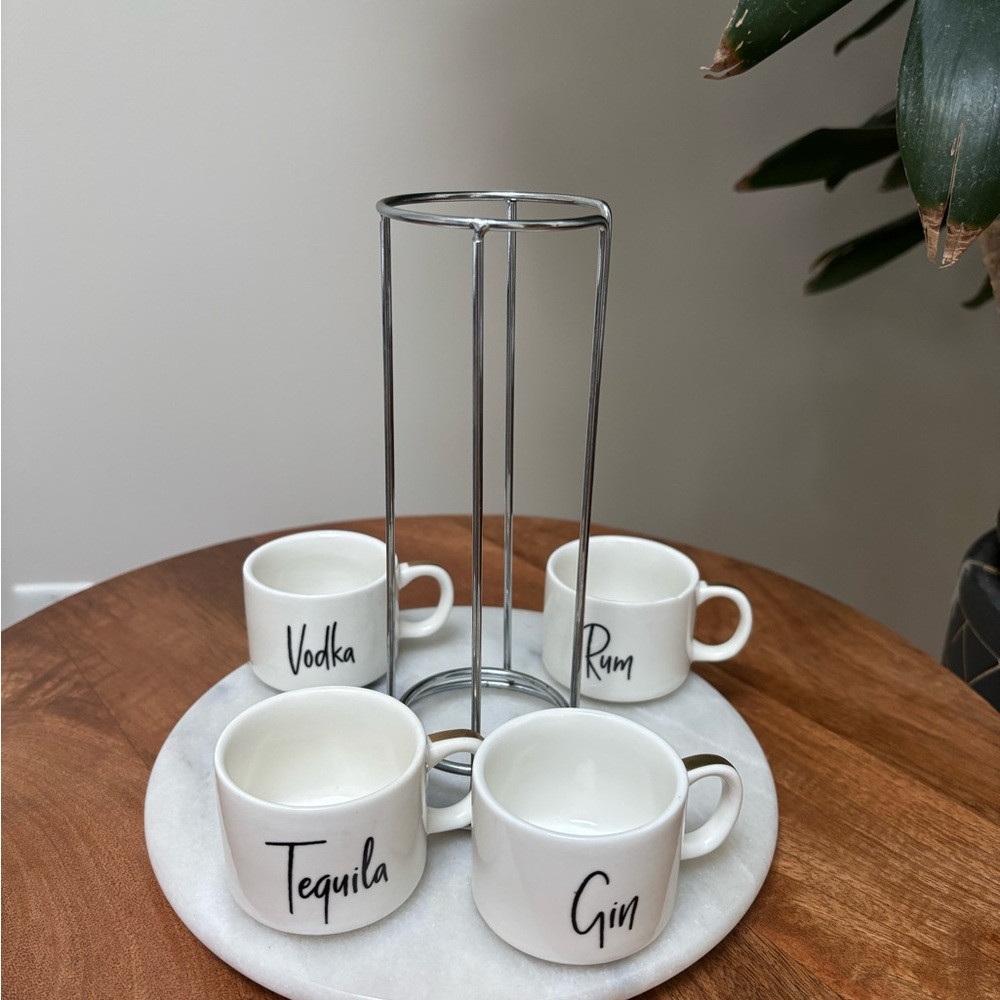 Stackable White Ceramic Espresso Shot Cup Set with Metal Rack - Picture 4 of 9